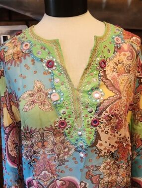 Saint Tropez West Multicolor Embellished Floral Tunic Size XL 100% Silk Sheer
